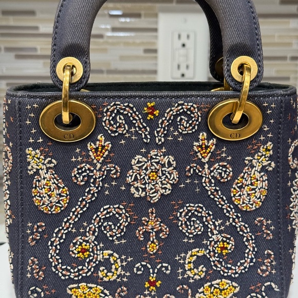 LADY DIOR DENIM ALL HAND STUDDED AND STITCHED with beautiful gold hardware SMALL - Picture 3 of 10